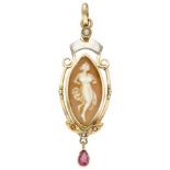 14K. Bicolor gold pendant set with a shell cameo, glass garnet and seed pearl.