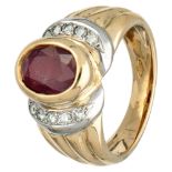 Vintage 18K. bicolor gold ring set with approx. 0.30 ct. diamond and approx. 1.93 ct. ruby.