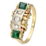 14K. Tricolor gold retro ring set with approx. 0.09 ct. diamond and tourmaline.