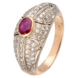 Vintage 18K. yellow gold ring set with approx. 0.84 ct. diamond and ruby.
