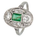 Pt 900 platinum Art Deco ring set with approx. 0.50 ct. diamond and emerald.