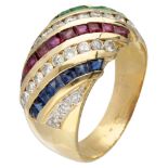 18K. Yellow gold Italian design ring set with approx. 0.43 ct. diamond and natural ruby, sapphire an