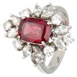 14K. White gold ring set with approx. 2.61 ct. garnet and approx. 1.80 ct. diamond.