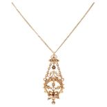 14K. Yellow gold necklace and antique pendant set with seed pearl and garnet.