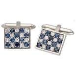 18K. White gold cufflinks set with approx. 1.00 ct. diamond and approx. 2.60 ct. natural sapphire.