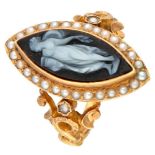 18K. Yellow gold marquise ring set with a black cameo and seed pearls.