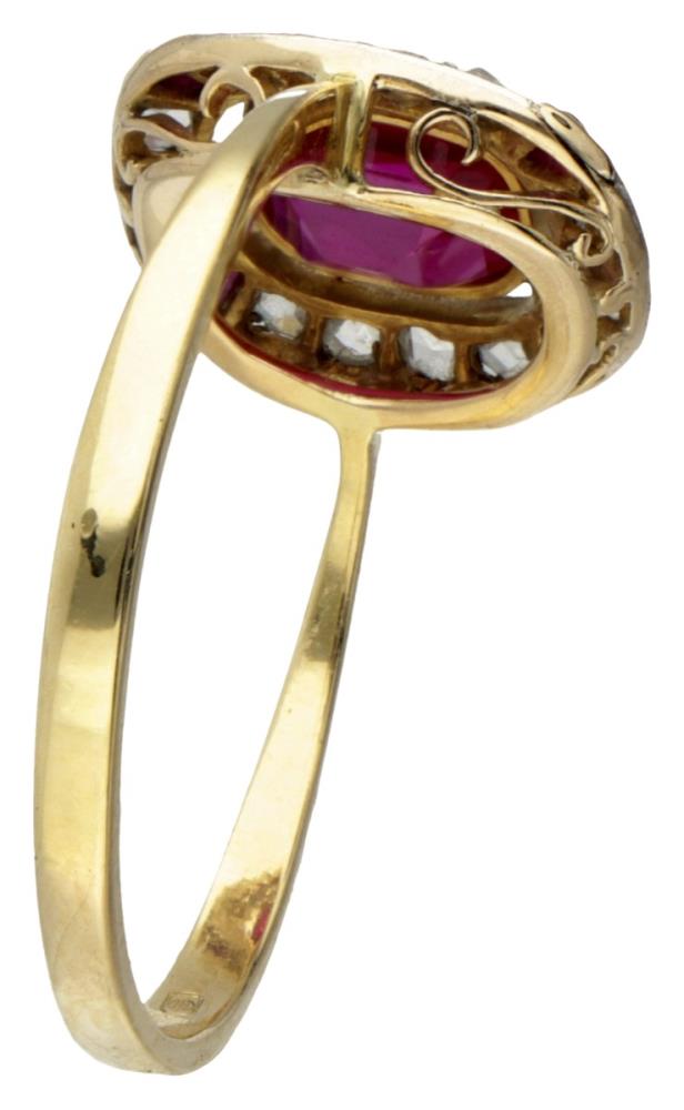 14K. Yellow gold Art Deco ring set with diamond and synthetic ruby. - Image 2 of 2