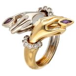 Vintage 18K. bicolor gold ring set with approx. 0.12 ct. diamond and ruby.