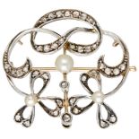 Antique 14K. yellow gold / sterling silver brooch - pendant set with rose cut diamonds and pearls.