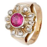 Vintage 18K. yellow gold ring set with synthetic ruby ​​and rose cut diamonds.