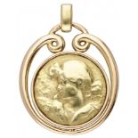 14K. Yellow gold Art Nouveau pendant with an elegant portrait of a lady and a bird, monogrammed C.S.
