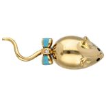 18K. Yellow gold brooch depicting a mouse with a bow, set with diamond and blue enamel.