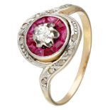 Vintage BLA 10K. yellow gold cluster ring set with diamond and synthetic ruby.