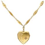 Antique 18K. yellow gold necklace with heart-shaped medallion pendant set with glass garnet and seed