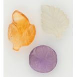 Lot of 3 carved natural quartz types including amethyst, citrine and rock crystal.