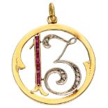 Antique 14K. bicolor gold 'lucky number 13' pendant set with diamond and synthetic ruby.