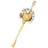 Vintage 18K. yellow gold French wolf head brooch surrounded by approx. 0.30 ct. diamond and seed pea