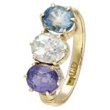 Vintage 14K. yellow gold 3-stone ring set with approx. 4.74 ct. natural sapphires in various colors.