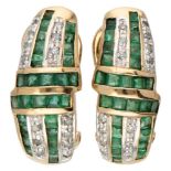 Vintage 14K. bicolor gold earrings set with approx. 1.12 ct. natural emerald and approx. 0.14 ct. di