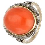Vintage 14K. yellow gold ring set with approx. 6.74 ct. red coral and rose cut diamonds.
