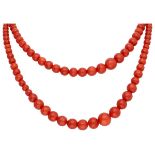 Vintage two-row red coral necklace with a 14K. yellow gold closure.