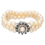 Three-row vintage freshwater pearl bracelet with 14K. white gold closure set with approx. 0.24 ct. d