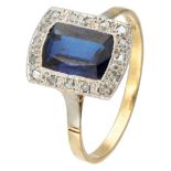 14K. Yellow gold Art Deco ring set with diamond and synthetic sapphire.