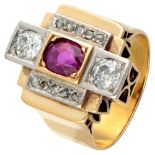 14K. Yellow gold / Pt 950 platinum Art Deco ring set with approx. 1.34 ct. natural ruby ​​and approx