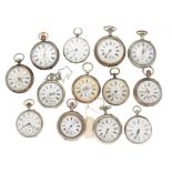 Lot (13) pocket watches - silver and metal.