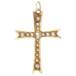 Antique 14K. yellow gold cross-shaped pendant set with rose-cut diamonds and seed pearls.