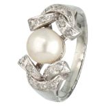 Vintage 18K. white gold ring set with rose cut diamond and pearl.
