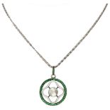 Sterling silver antique necklace and pendant set with green colored stone, mabe pearl and white enam