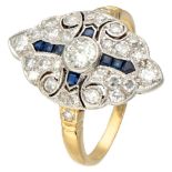 18K. Yellow gold Art Deco navette ring set with approx. 0.78 ct. diamond and sapphire.