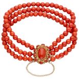 Three-row vintage red coral bracelet with 14K. yellow gold closure.
