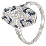18K. White gold Art Deco ring set with approx. 0.36 ct. diamond and natural sapphire.