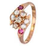 14K. Rose gold ring set with diamond and synthetic ruby.