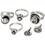 Lot of 6 silver rings and pendants by Finnish designer Karl Laine, set with rock crystals.