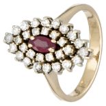 Vintage 14 kt yellow gold marquise ring set with approx. 0.96 ct. diamond and approx. 0.33 ct. ruby.