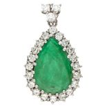 14K. White gold drop-shaped pendant set with approx. 0.97 ct. diamond and 2.84 ct. emerald.