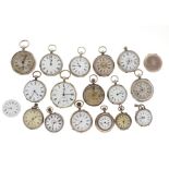 Lot (16) pocket watches - silver and metal.
