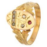 Antique 14K. yellow gold ring set with glass garnet and seed pearls.