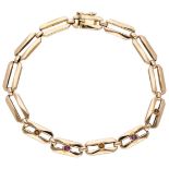 Vintage 14K. yellow gold link bracelet set with ruby and seed pearl.