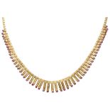 Vintage 18K. yellow gold fringe necklace set with natural ruby.