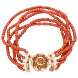 Five-row red coral necklace with a 14K. yellow gold closure.