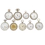 Lot (9) pocket watches - silver and metal.