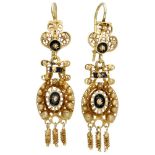 14K. Yellow gold antique earrings with cantille work and black enamel.