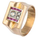 14K. Yellow gold retro tank ring set with diamond and ruby in white gold.