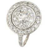 Art Deco 18K. white gold target ring set with approx. 1.40 ct. diamond.