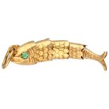 Vintage 18K. yellow gold flexible fish pendant with colored stones in the eyes.