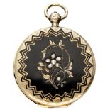 Vintage 14K. yellow gold medallion pendant set with seed pearl and black enamel.